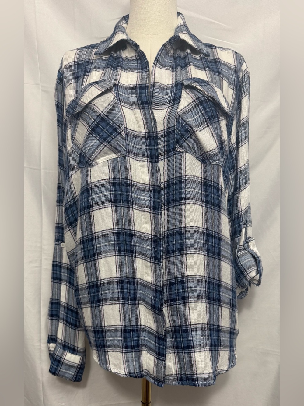 Sam Edelman Navy & White Plaid Button Up Shirt cold shoulder zippers size Large